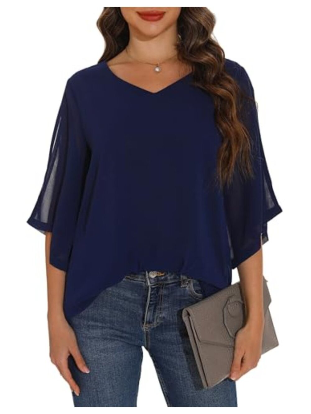 Womens Chiffon Blouse V Neck 3/4 Bell Sleeve Dressy Casual Work Top